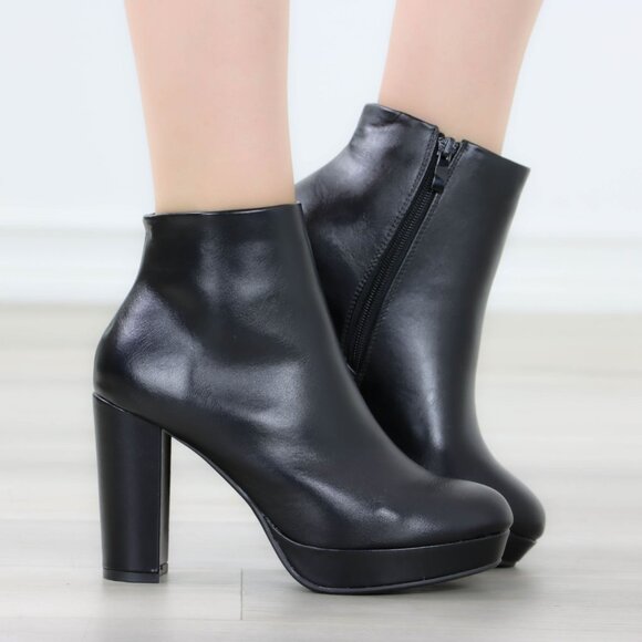 Black Faux Leather Ankle Boots Side Zipper Platform High Heels - Picture 12 of 15